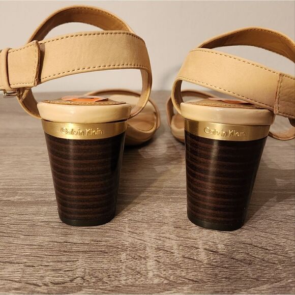 CALVIN KLEIN WOMEN SANDALS BEIGE COLOR BROWN HEEL WITCH GOLD INSCRIPTION saze 7 - Picture 2 of 5